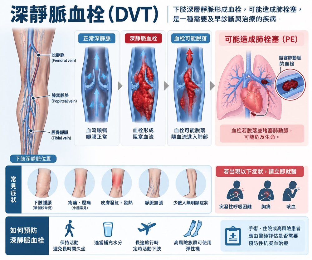 深靜脈血栓(DVT)衛教圖:說明下肢深靜脈血栓形成到血栓脫落造成肺栓塞(PE)的過程、股靜脈/膝窩靜脈/脛骨靜脈位置、下肢腫脹疼痛發紅等常見症狀、突發呼吸困難胸痛咳血等警示症狀,以及保持活動、補充水分、旅行時活動下肢、穿彈性襪等預防方法。